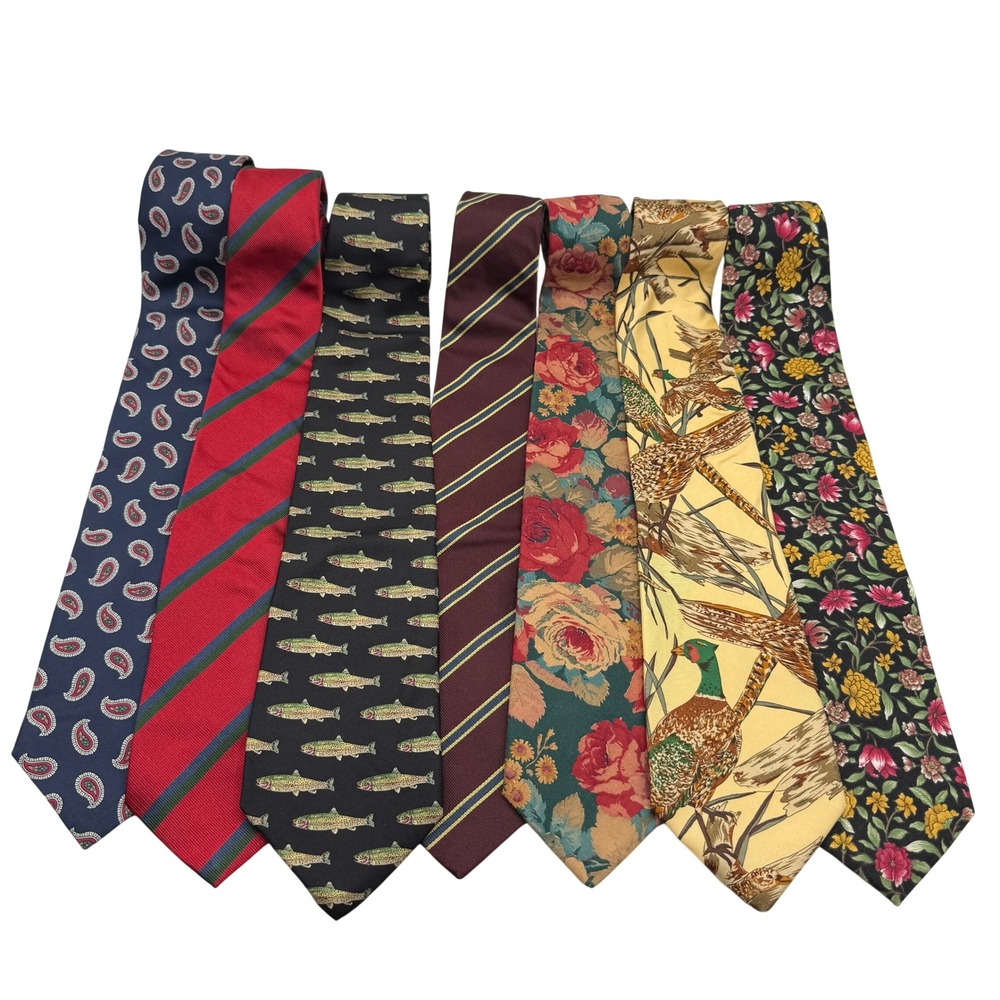 Huntington Mens Silk Necktie Lot of 7 Vintage Paisley Striped Fish‎ Bird Floral